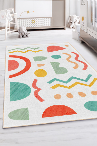 Realhomes Canlı Renklerde Geometrik Desenli Çocuk Odası Yıkanabilir Kaymaz Ta...