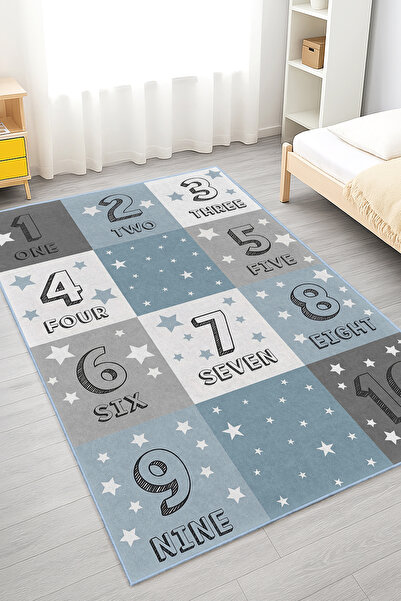 Realhomes Yıldızlı Sayılar Desenli Yıkanabilir Kaymaz Taban Çocuk Odası Halısı