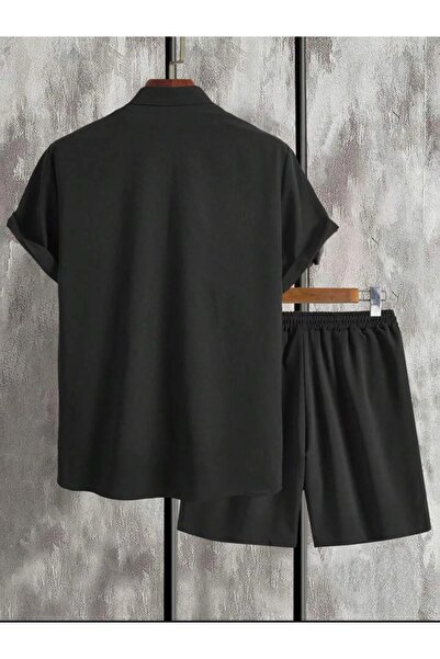 Fifty Color Men's Black Short Sleeve Shirt and Shorts Wrinkle Crinkle Suit