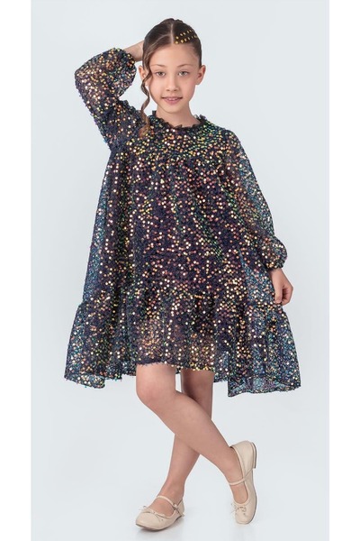 s.t. sebat tekstil فستان بناتي مريح مزين بالترتر باللون الأزرق الداكن