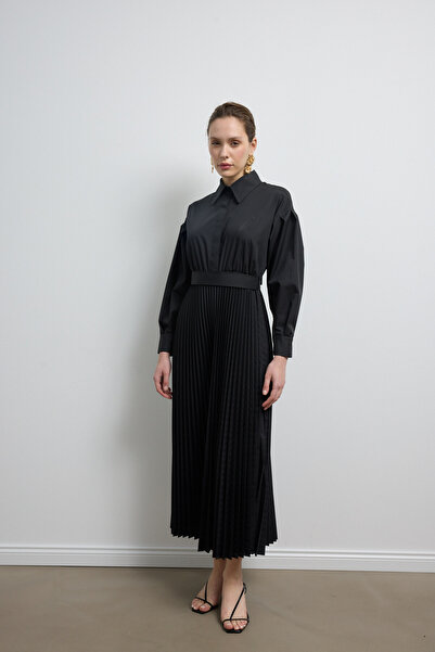 EMNORA Pilili Poplin Elbise Siyah