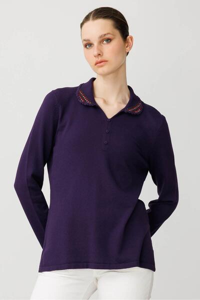 Desen Triko Women's Polo Neck Lycra Cotton Blouse K.Purple