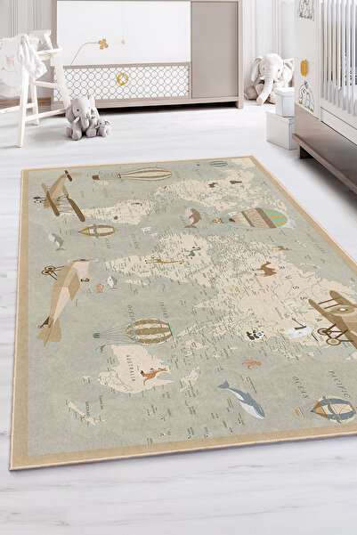 Realhomes Dünya Haritası Temalı Çocuk Odası Yıkanabilir Kaymaz Taban Halı