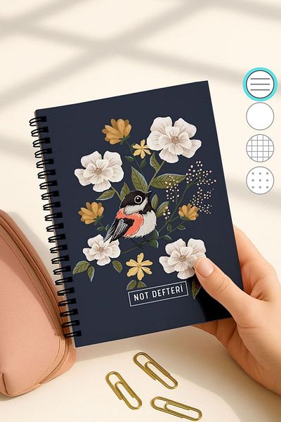 Eldesen Tasarım A5 Spiral Line School Notebook, 50 Sheets 100 Pages, Cardboard Cover Notepad, Blue Bird