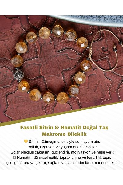 Saff Doğal Taş Certified Faceted Citrine & Hematite Natural Stone Macrame Bracelet