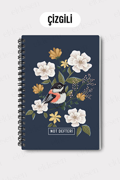 Eldesen Tasarım A5 Spiral Line School Notebook, 50 Sheets 100 Pages, Cardboard Cover Notepad, Blue Bird