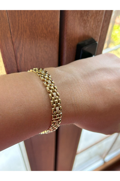 Butik Altın Renkli Örgü Zincir Görünümlü Taş Detaylı Bileklik-ELYSİA