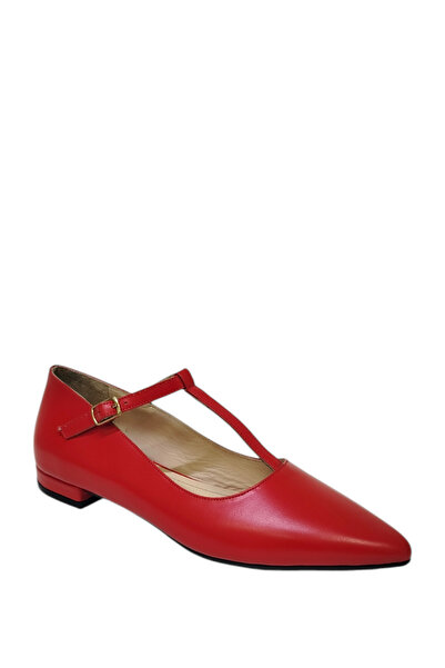 DRY SHOES Hakiki Deri Kırmızı Kadın Babet Ayakkabı Sivri Burun Bantlı Tokalı Büyük Küçük Numara DRY-1660