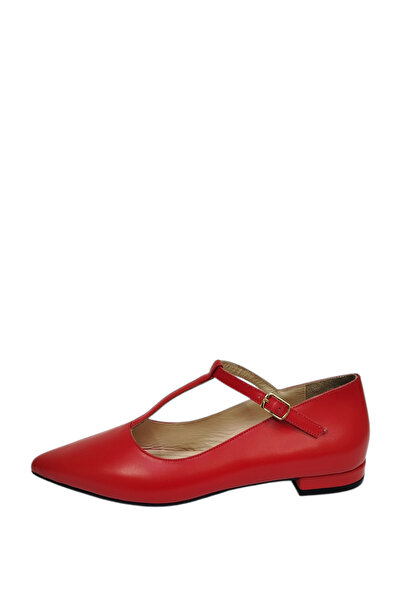 DRY SHOES Hakiki Deri Kırmızı Kadın Babet Ayakkabı Sivri Burun Bantlı Tokalı Büyük Küçük Numara DRY-1660