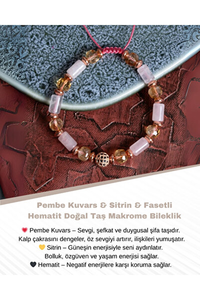 Saff Doğal Taş Certified Pink Quartz & Citrine & Faceted Hematite Natural Sto...