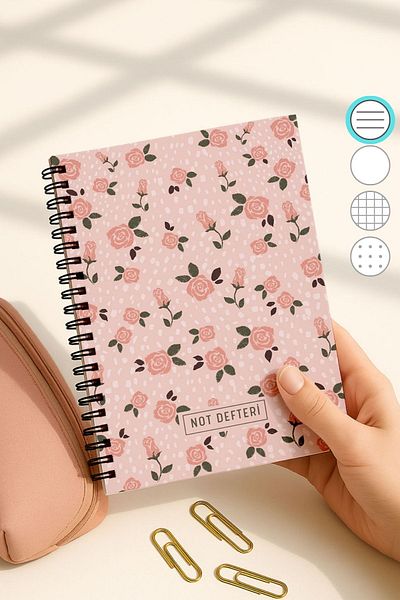 Eldesen Tasarım A5 Spiral Line School Notebook, 50 Sheets 100 Pages, Cardboard Cover Notepad, Pink Floral