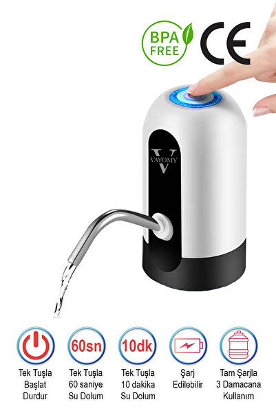 Vayomy Şarjlı Otomatik Damacana Su Pompası 1200 Mah Bataryalı (BPA IÇERMEZ ,CE BELGELİDİR)
