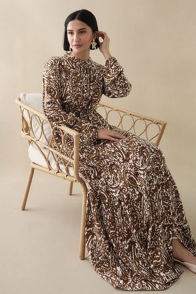 InStyle Рокля от вискоза с ретро мотив, цвят мляко и кафе