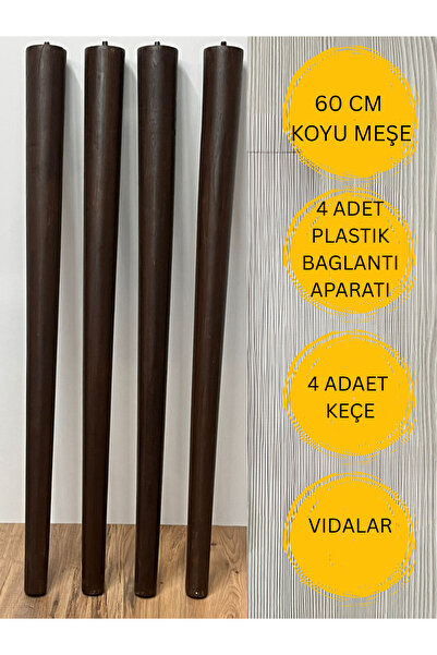 HAMADEX 60 Cm Koyu Mese, Konik Ayak Ahşap Masa , Sandalye, Sehpa Ayağı 4adet (APARATLAR DAHİL)