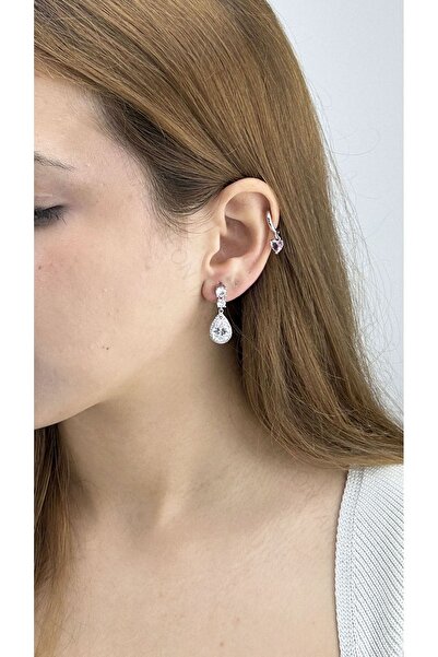 Neon Takı by Atalay Sensitivity Tag and Zircon Stone, Drop Model Evening Steel Earrings 625, Silver Color
