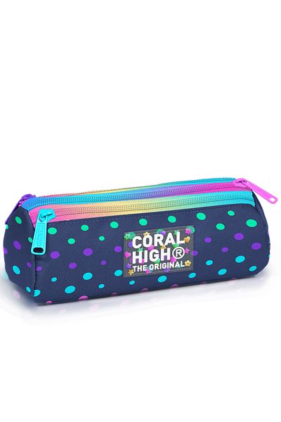 Coral High Navy Blue Colored Polka Dot Three Compartment Pencil Bag 11172