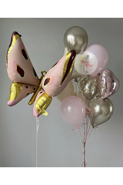 parti kral Retro Kelebek Temalı Balon Buketi - Pembe & Altın
