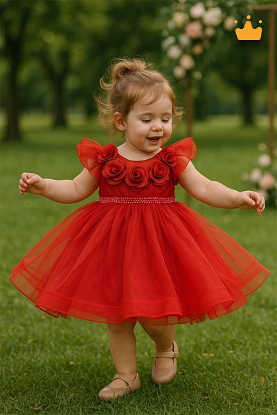 MİNİMONY 2-6 Years Old Rose Collar Granular Fluffy Tulle Baby Girl Children's Evening Dress Holiday Wedding Dress Red 3502