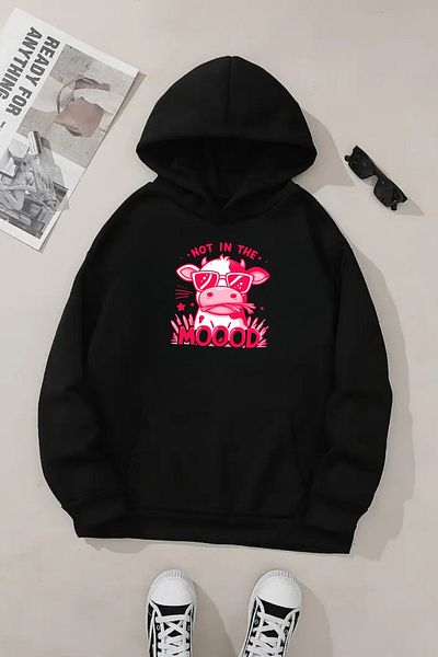 VBSVİBES Unisex Black Hooded Sweatshirt – Mood Cow Printed, Thick Fabric with Hood