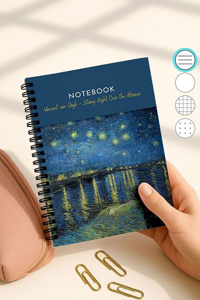 Eldesen Tasarım Van Gogh A5 Spiral Line School Notebook, 50 Sheets 100 Pages, Cardboard Cover Notebook, River Rhine