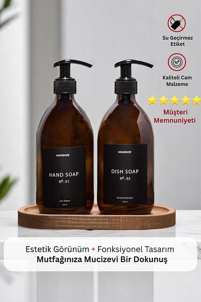 homence 2 Συσκευασία Υγρό Σαπούνι Amber Glass - Με Ξύλινη βάση, Απορρυπαντικό Πιάτων, Μπουκάλι Μαύρο Ετικέτα 500ml