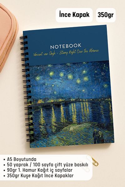 Eldesen Tasarım Van Gogh A5 Spiral Line School Notebook, 50 Sheets 100 Pages, Cardboard Cover Notebook, River Rhine