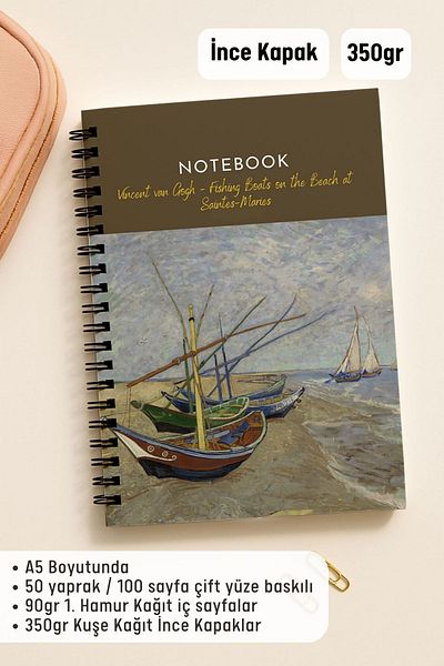 Eldesen Tasarım Van Gogh A5 Spiral Line School Notebook, 50 Sheets 100 Pages, Cardboard Cover Notepad, Boats