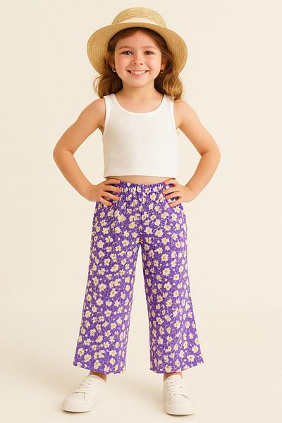 Esterella Girl's Spanish Leg Wrap-Around Pants /Girl's Loose Leg Pants/ Floral Pants
