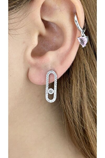 Neon Takı by Atalay Sensitivity Tag and Zircon Stone, Paper Clip, Steel Earring 613, Silver Color