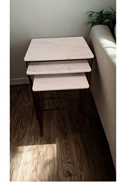 BMARBLE 3'lü Gerçek Mermer Zigon Sehpa Metal  Tasarım Ayaklı