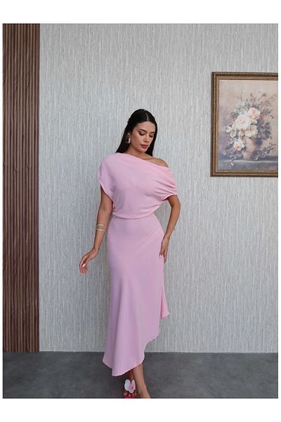 ESRAHELVACI فستان غير متماثل بياقة درابيل ديجايجي