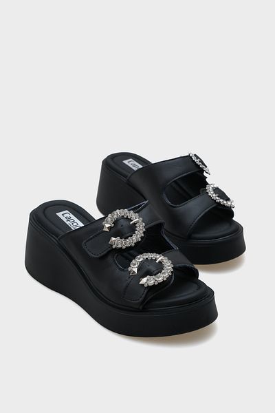 Capone Outfitters Charm Genuine Leather Wedge Heels Stone Double Banded Comfort Women's Slippers
