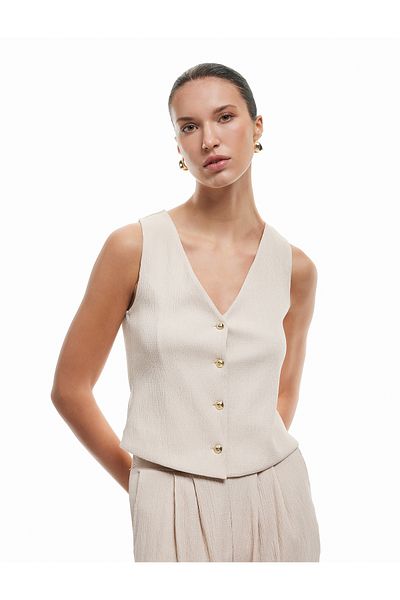 Koton Bürümcük Fabric V-Neck Buttoned Vest