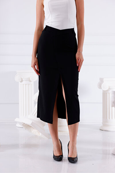 LA PANTE تنورة نسائية، تنورة ملفوفة، تنورة ميدي، تنورة محتشمة، حزام، تصميم متقاطع من الأمام، تنورة شق، فستان سهرة أسود، تنورة ضيقة