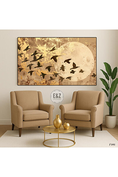 EZ Design KAHVERENGİ TONLARINDA KUŞ GÖRSELLİ İNCE METAL ÇERÇEVELİ CAM TABLO