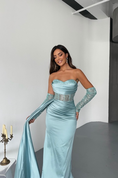 İyem Abiye Transparan Ve Kol Detay İşlemeli Şık Saten Tasarım Abiye Yarım Dar Kalıp