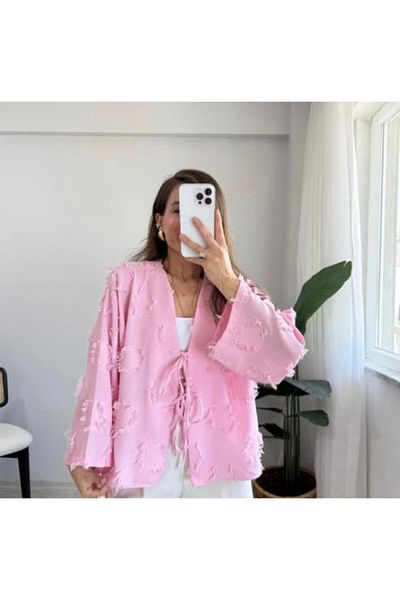 Velista Women's Front Tie Self Embroidery Tassel Casual Kimono