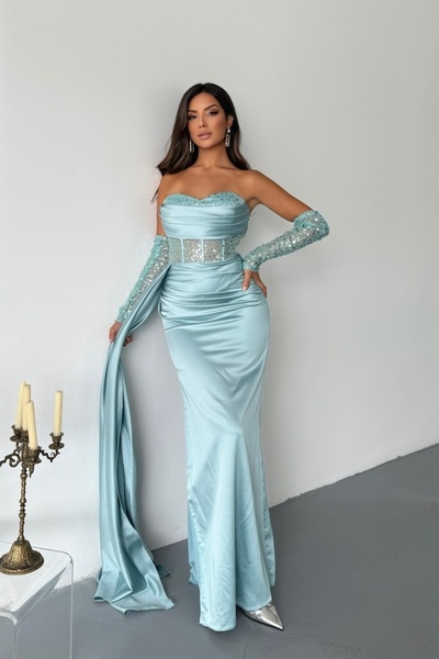 İyem Abiye Transparan Ve Kol Detay İşlemeli Şık Saten Tasarım Abiye Yarım Dar Kalıp