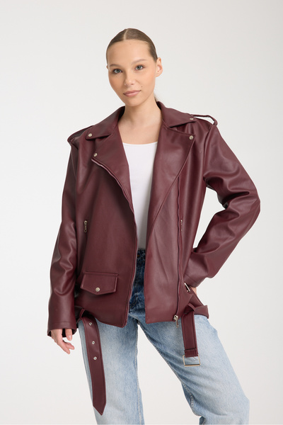 İLKCET MODA Women's Long Burgundy Oversize Faux Leather Jacket