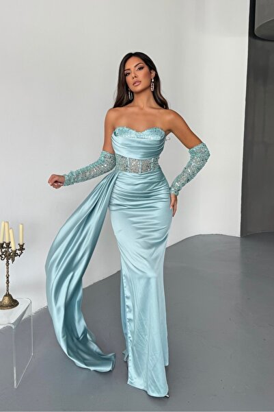 İyem Abiye Transparan Ve Kol Detay İşlemeli Şık Saten Tasarım Abiye Yarım Dar Kalıp