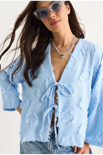 Velista Women's Front Tie Self Embroidery Tassel Casual Kimono