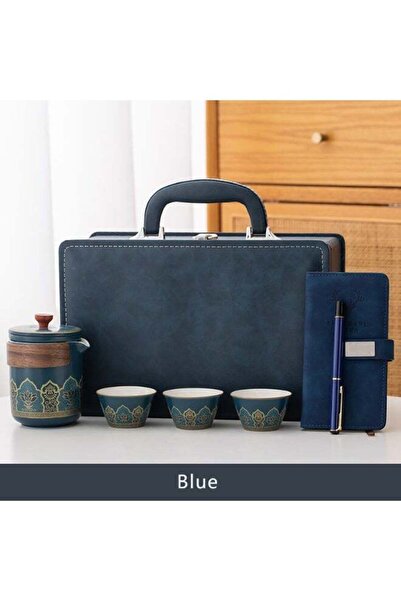 oludeniz Luxury Portable Tea Set Gift Box – Ceramic Teapot & 3 Cups with Leather Case + Notebook & Pen –