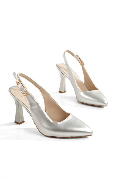 YASEMİN Women's Silver Gray Skin Open Back Gold Buckle Ovis Pointed Toe 8 cm Classic Heeled Shoes - Rhaella