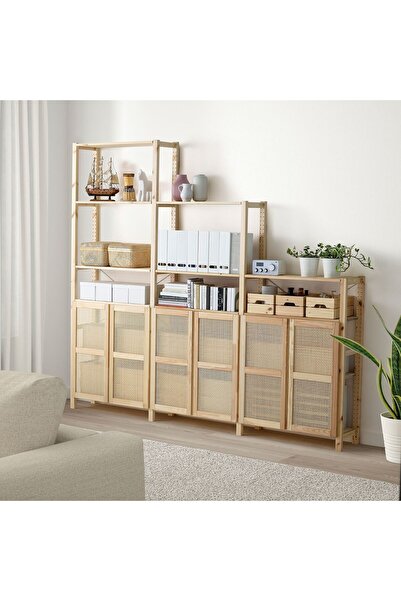 IKEA kapaklı raf ünitesi, çam kahverengi, 259x30x226 cm bambu kapaklı