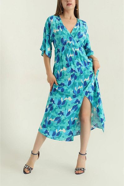 Gülmude Double Breasted Collar Slit Woven Viscose Women's Dress (120 cm)