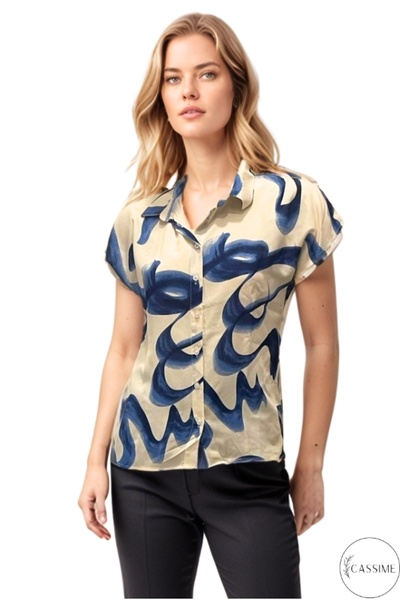 Cassime Жіноча сорочка з короткими рукавами, синього кольору, з візерунком та ґудзиками