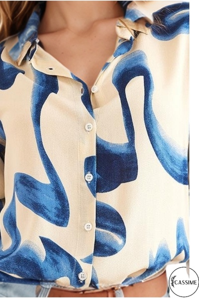 Cassime Жіноча сорочка з короткими рукавами, синього кольору, з візерунком та ґудзиками