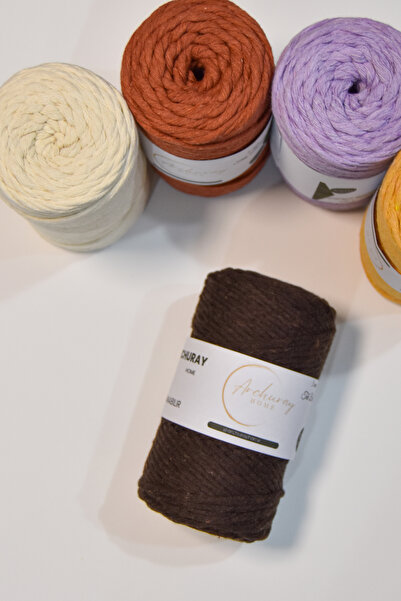 Archuray Home 4 Adet 250 gr 3mm Tek Büküm Taranabilir Pamuk İplik - Kahverengi Koton Makrome İp