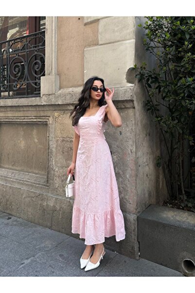 Viskosa Δαντελένιο μίντι φόρεμα για γυναίκες, βολάν με λουράκι τετράγωνο γιακά κομψό καλοκαιρινό φόρεμα, μόδα