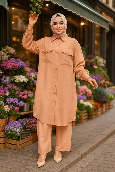 Neva Style Set dublu hijab biscuit cu nasturi 44661BS